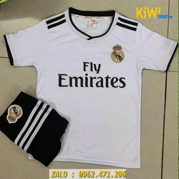 Áo Đá Banh Trẻ Em Mẫu CLB Real Madrid 2019 Màu Trắng