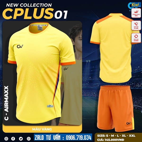 Áo đá bóng không logo Cplus 01 màu vàng