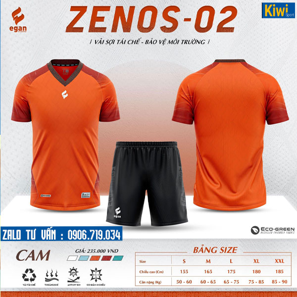 Áo đá bóng không logo Zenos 2 màu cam chất thun cao cấp