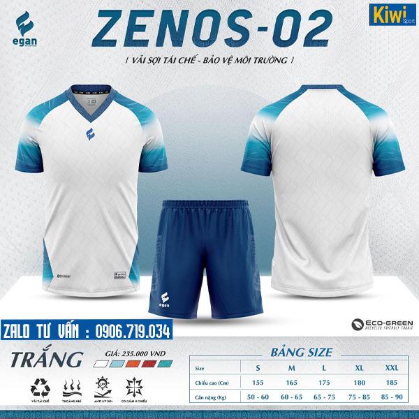 Áo đá bóng không logo cao cấp Zenos 2 màu trắng