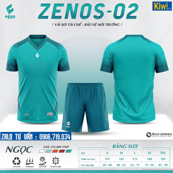 Áo đá bóng không logo Zenos 2 màu xanh ngọc vải cao cấp