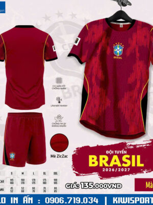 Áo bóng đá tuyển Brazil 2026 màu đỏ đô ấn tượng